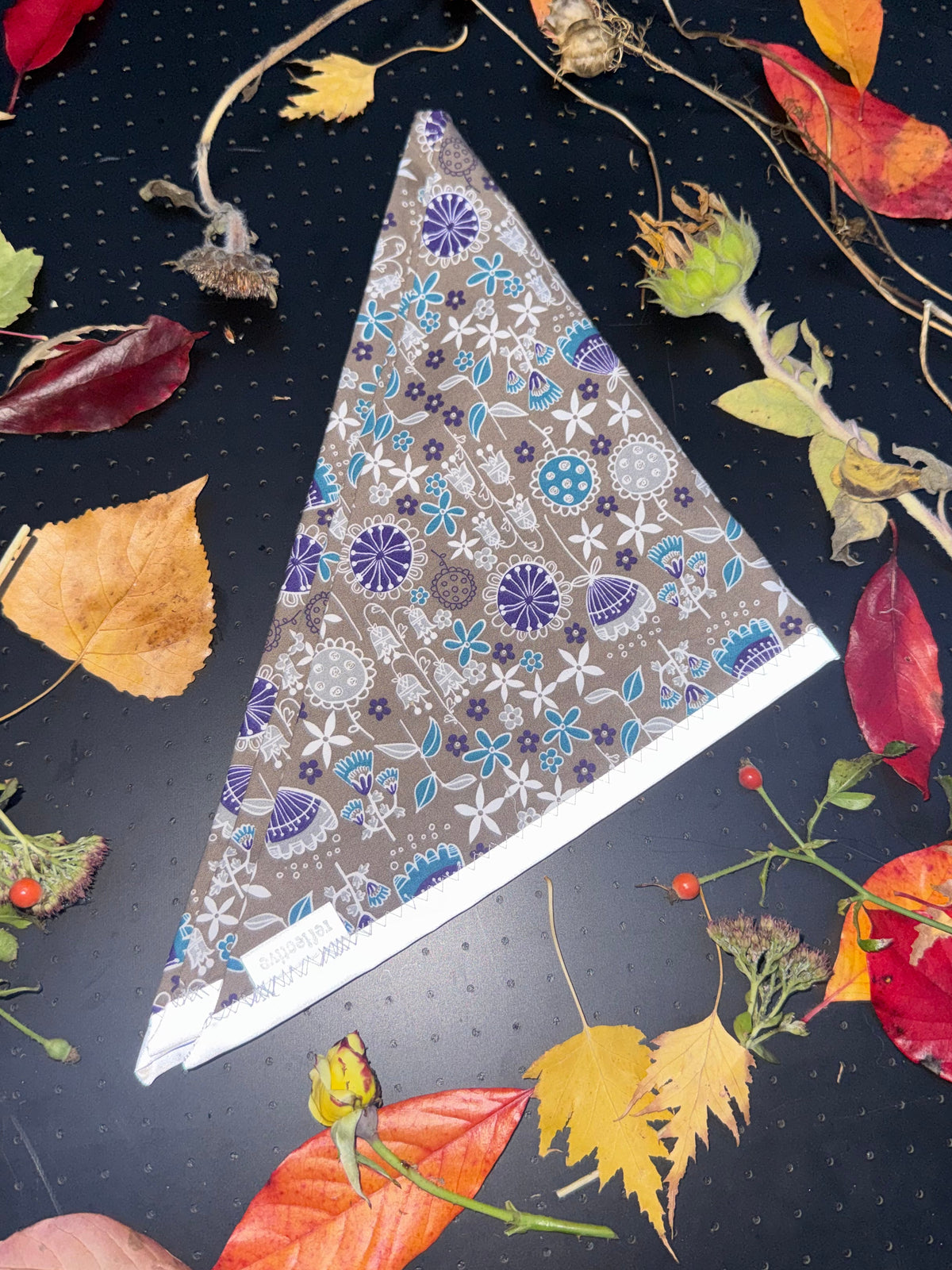 Brown and purple whimsical floral L Reflective Bandana