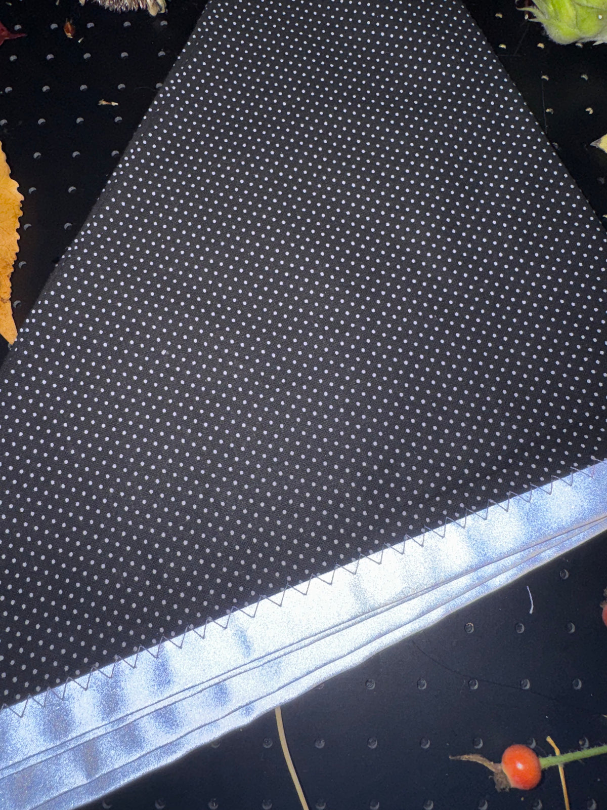 Pinprick white polkadots on black L Reflective Bandana